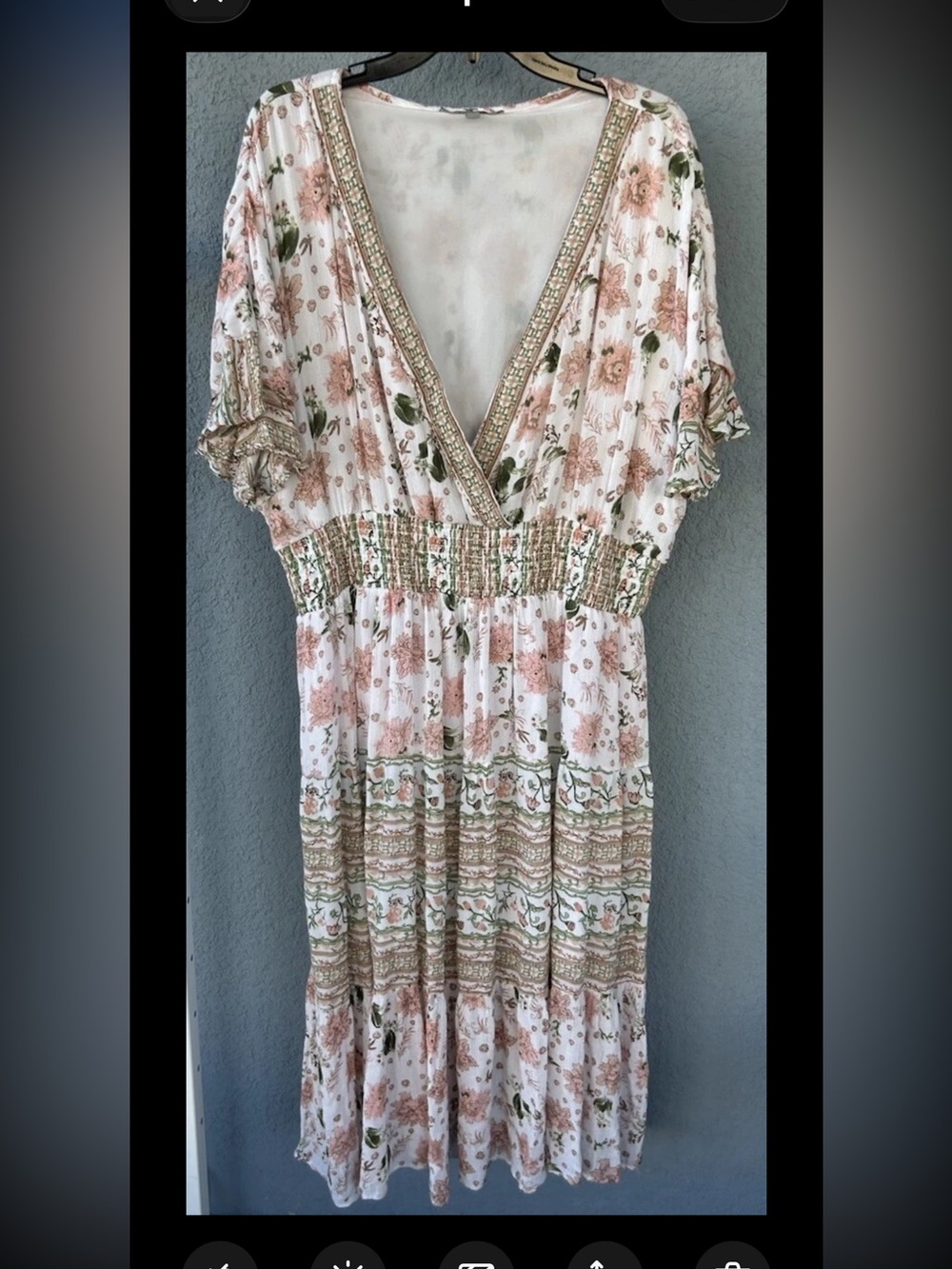 J Gee Floral Boho Midi Dress Womens 3X Cottagecore Smocked V Neck Peasant Sleeve